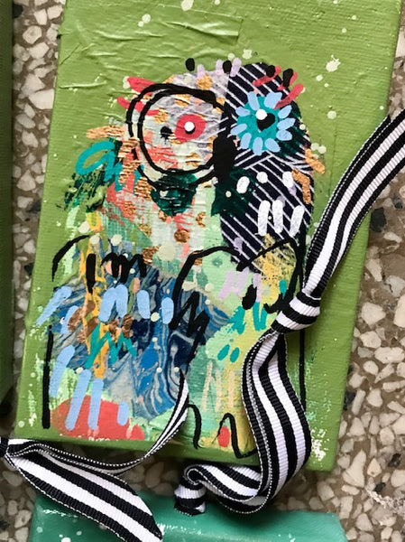 SALAD GREENS Owl Ornaments on Canvas