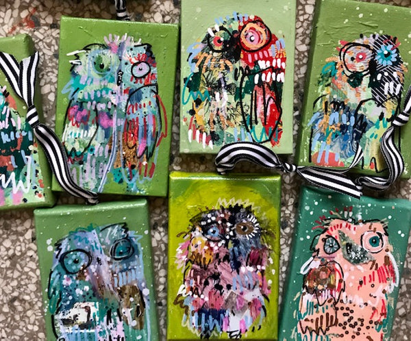 SALAD GREENS Owl Ornaments on Canvas