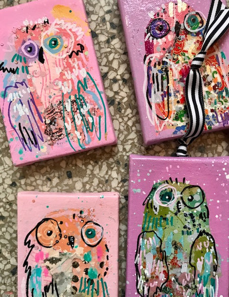 SUGARPLUM PINK Owl Ornaments on Canvas